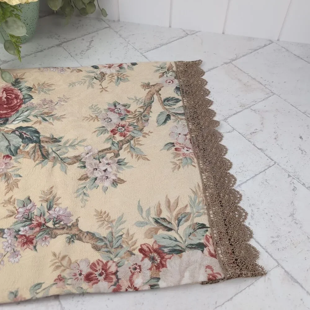 Beige Jacquard Floral Table Runner with Gold Lace Trim French Country Cottage